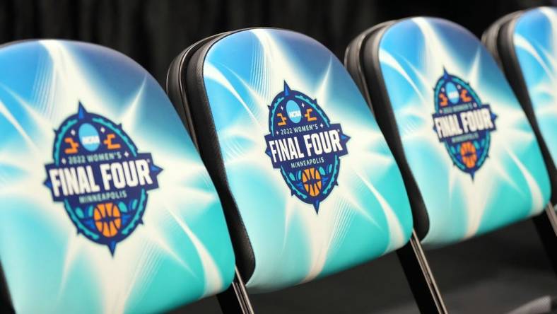 Apr 3, 2022; Minneapolis, MN, USA; The NCAA Final Four logo on seat cushions on the team benches before the championship game between the UConn Huskies and the South Carolina Gamecocks at Target Center. Mandatory Credit: Kirby Lee-USA TODAY Sports