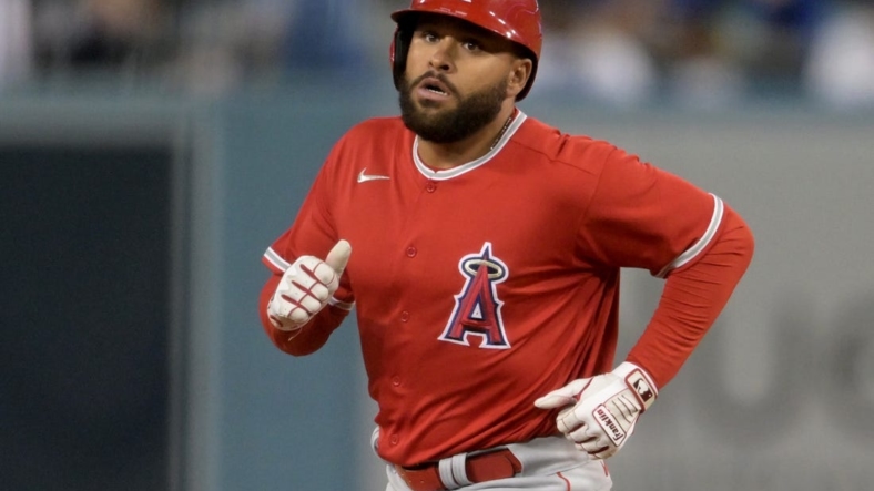 Apr 4, 2022; Los Angeles, California, USA; Los Angeles Angels third baseman Jose Rojas (18) rounds the bases after hitting a two run home run in the sixth inning against the Los Angeles Dodgers at Dodger Stadium. Mandatory Credit: Jayne Kamin-Oncea-USA TODAY Sports
