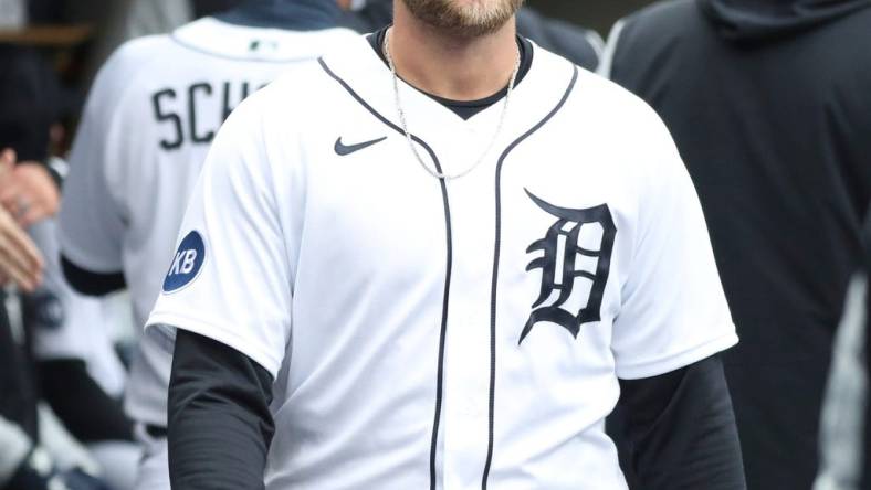 Detroit Tigers left fielder Austin Meadows in the dugout before action against the Chicago White Sox, Saturday, April 9, 2022, at Comerica Park  in Detroit.

Tigers Chiwht2