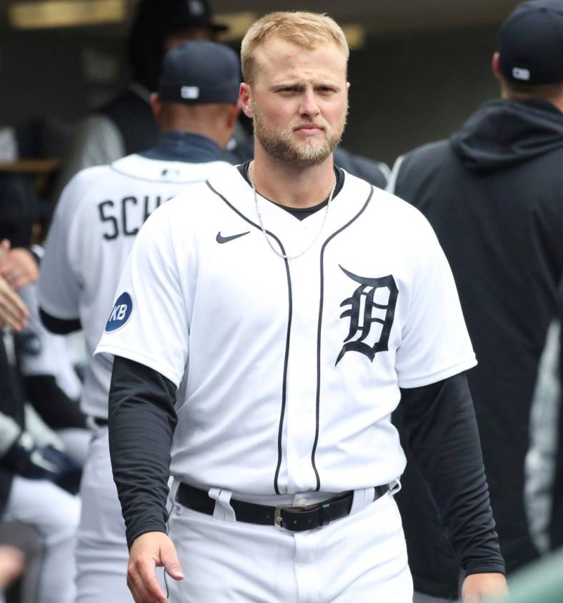 Detroit Tigers left fielder Austin Meadows in the dugout before action against the Chicago White Sox, Saturday, April 9, 2022, at Comerica Park  in Detroit.

Tigers Chiwht2