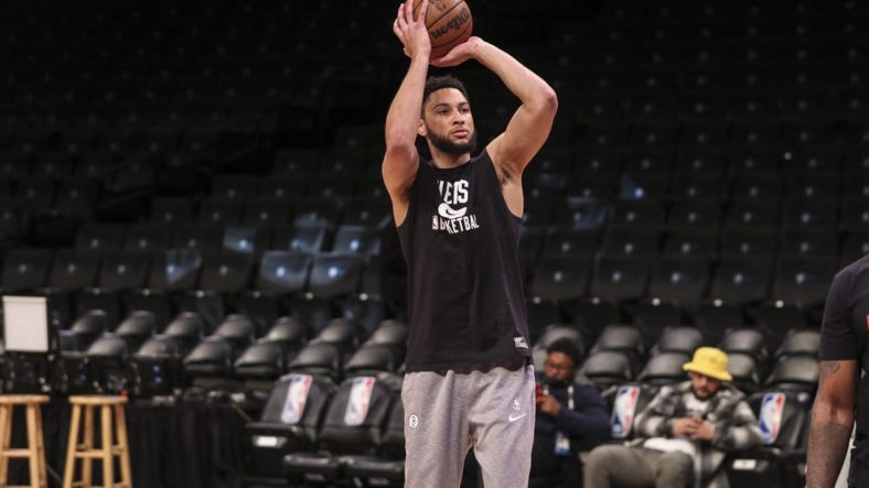 Apr 10, 2022; Brooklyn, New York, USA;  Brooklyn Nets guard Ben Simmons (10) takes warmups  prior to the game against the Indiana Pacers at Barclays Center. Mandatory Credit: Wendell Cruz-USA TODAY Sports