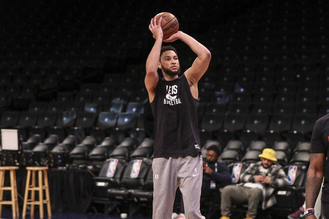 Apr 10, 2022; Brooklyn, New York, USA;  Brooklyn Nets guard Ben Simmons (10) takes warmups  prior to the game against the Indiana Pacers at Barclays Center. Mandatory Credit: Wendell Cruz-USA TODAY Sports