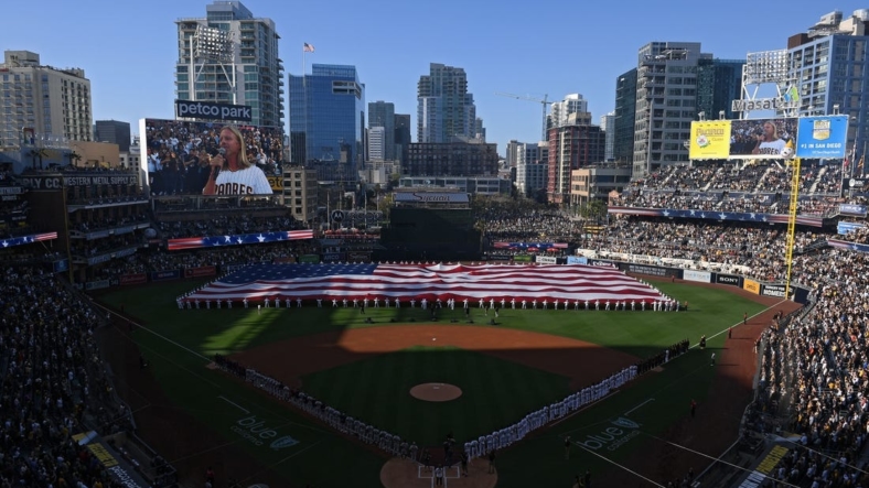 Apr 14, 2022; San Diego, California, USA; A general overview of Petco Park during the playing of the national anthem before the game between the San Diego Padres and the Atlanta Braves. Mandatory Credit: Orlando Ramirez-USA TODAY Sports