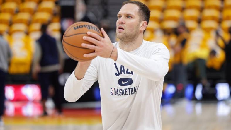 Apr 21, 2022; Salt Lake City, Utah, USA; Utah Jazz forward Bojan Bogdanovic (44) warms up before the game against the Dallas Mavericks at Vivint Arena. Mandatory Credit: Chris Nicoll-USA TODAY Sports