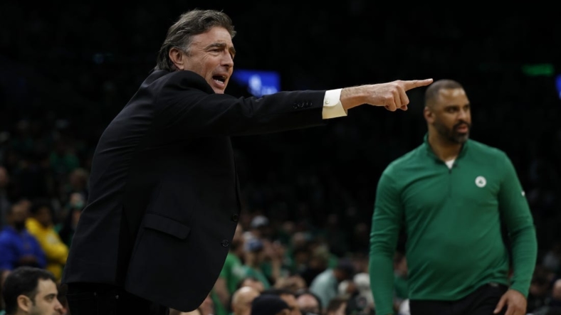 Apr 20, 2022; Boston, Massachusetts, USA; Governor and principle owner of the Boston Celtics Wyc Grousbeck points as head coach Imo Udoka looks on during the third quarter of game two of the first round of the 2022 NBA playoffs against the Brooklyn Nets at TD Garden. Mandatory Credit: Winslow Townson-USA TODAY Sports