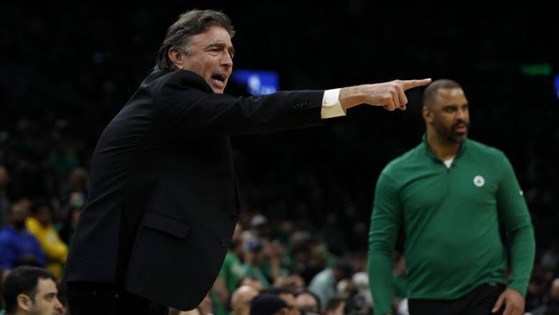 Apr 20, 2022; Boston, Massachusetts, USA; Governor and principle owner of the Boston Celtics Wyc Grousbeck points as head coach Imo Udoka looks on during the third quarter of game two of the first round of the 2022 NBA playoffs against the Brooklyn Nets at TD Garden. Mandatory Credit: Winslow Townson-USA TODAY Sports