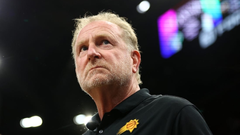Apr 19, 2022; Phoenix, Arizona, USA; Phoenix Suns owner Robert Sarver against the New Orleans Pelicans during game two of the first round for the 2022 NBA playoffs at Footprint Center. Mandatory Credit: Mark J. Rebilas-USA TODAY Sports