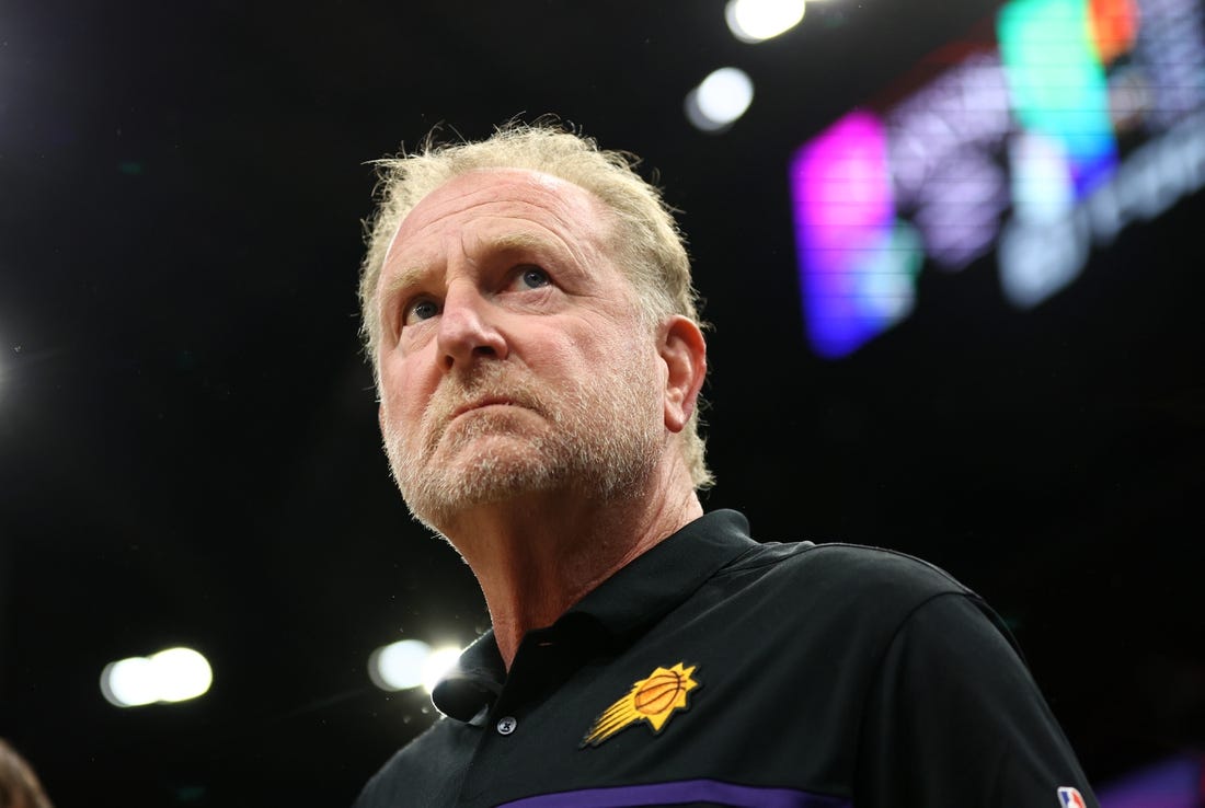 Apr 19, 2022; Phoenix, Arizona, USA; Phoenix Suns owner Robert Sarver against the New Orleans Pelicans during game two of the first round for the 2022 NBA playoffs at Footprint Center. Mandatory Credit: Mark J. Rebilas-USA TODAY Sports