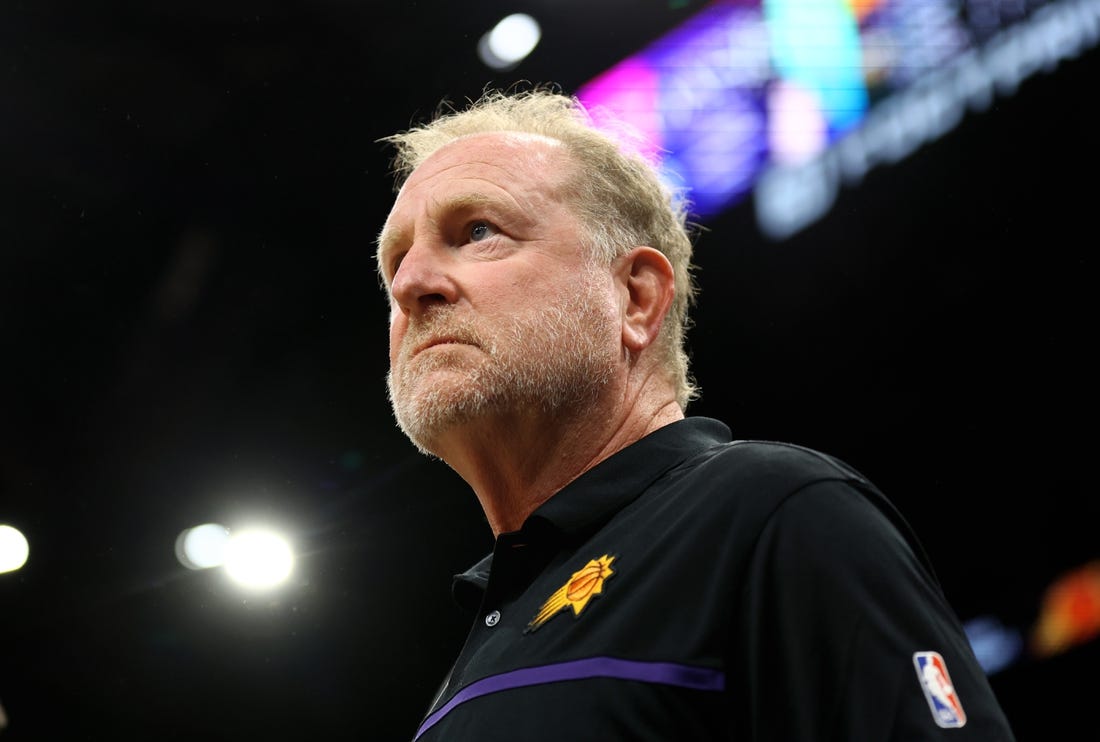 Apr 19, 2022; Phoenix, Arizona, USA; Phoenix Suns owner Robert Sarver against the New Orleans Pelicans during game two of the first round for the 2022 NBA playoffs at Footprint Center. Mandatory Credit: Mark J. Rebilas-USA TODAY Sports