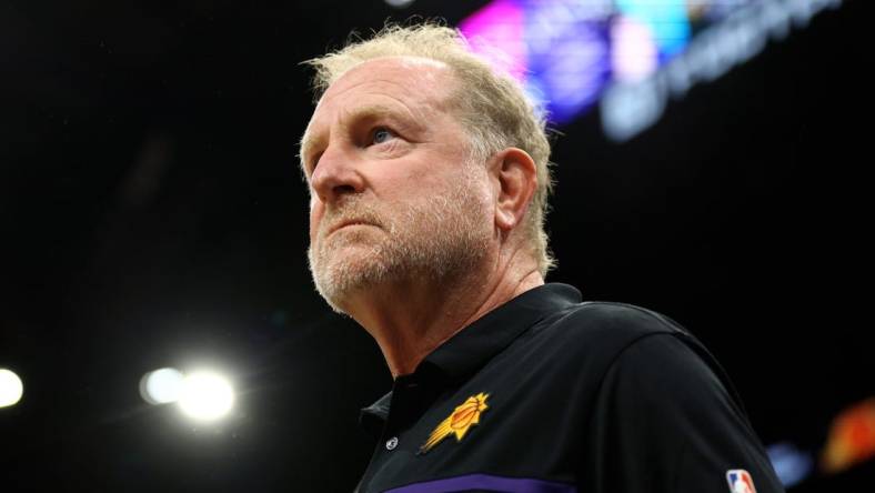 Apr 19, 2022; Phoenix, Arizona, USA; Phoenix Suns owner Robert Sarver against the New Orleans Pelicans during game two of the first round for the 2022 NBA playoffs at Footprint Center. Mandatory Credit: Mark J. Rebilas-USA TODAY Sports