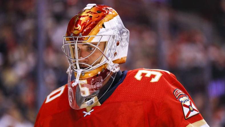 Apr 24, 2022; Sunrise, Florida, USA; Florida Panthers goaltender Spencer Knight (30) looks on during the second period of the game against the Tampa Bay Lightning at FLA Live Arena. Mandatory Credit: Sam Navarro-USA TODAY Sports