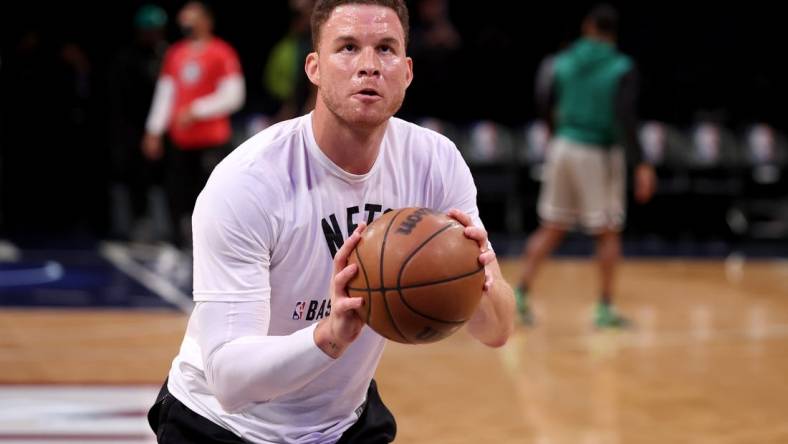 Apr 25, 2022; Brooklyn, New York, USA; Brooklyn Nets forward Blake Griffin (2) warms up before game four of the first round of the 2022 NBA playoffs against the Boston Celtics at Barclays Center. Mandatory Credit: Brad Penner-USA TODAY Sports