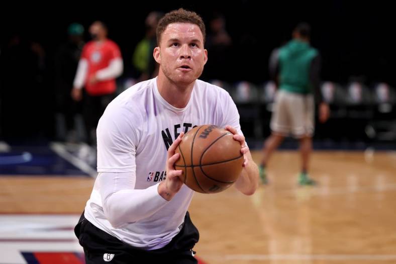 Apr 25, 2022; Brooklyn, New York, USA; Brooklyn Nets forward Blake Griffin (2) warms up before game four of the first round of the 2022 NBA playoffs against the Boston Celtics at Barclays Center. Mandatory Credit: Brad Penner-USA TODAY Sports