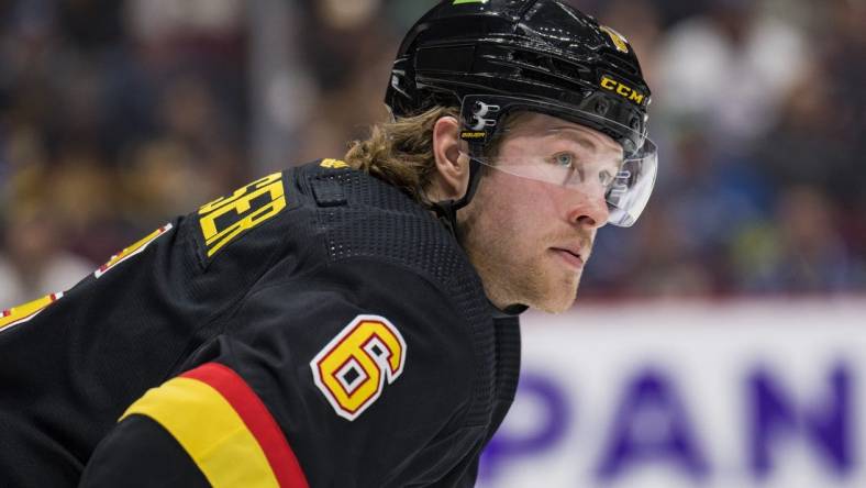 Apr 26, 2022; Vancouver, British Columbia, CAN; Vancouver Canucks forward Brock Boeser (6) during a stop in play against the Seattle Kraken in the second period at Rogers Arena. Mandatory Credit: Bob Frid-USA TODAY Sports