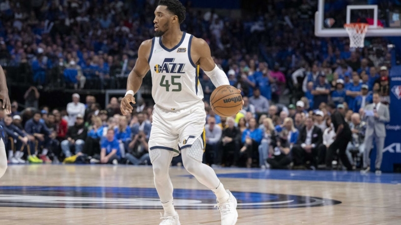 Apr 25, 2022; Dallas, Texas, USA; Utah Jazz guard Donovan Mitchell (45) in action during the game between the Dallas Mavericks and the Utah Jazz in game five of the first round for the 2022 NBA playoffs at American Airlines Center. Mandatory Credit: Jerome Miron-USA TODAY Sports
