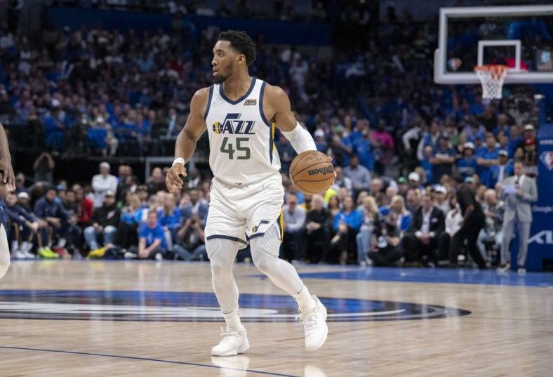 Apr 25, 2022; Dallas, Texas, USA; Utah Jazz guard Donovan Mitchell (45) in action during the game between the Dallas Mavericks and the Utah Jazz in game five of the first round for the 2022 NBA playoffs at American Airlines Center. Mandatory Credit: Jerome Miron-USA TODAY Sports