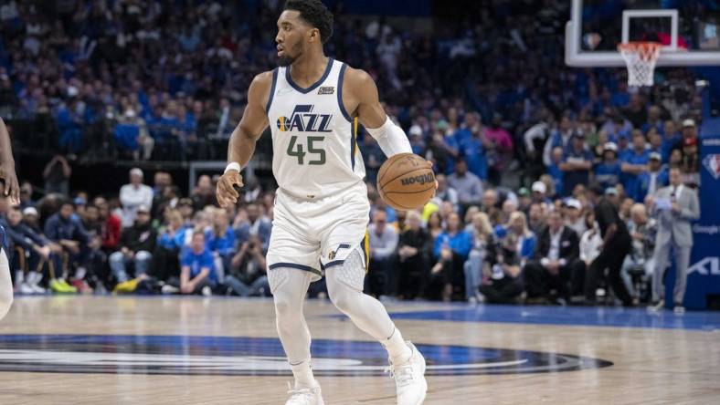 Apr 25, 2022; Dallas, Texas, USA; Utah Jazz guard Donovan Mitchell (45) in action during the game between the Dallas Mavericks and the Utah Jazz in game five of the first round for the 2022 NBA playoffs at American Airlines Center. Mandatory Credit: Jerome Miron-USA TODAY Sports