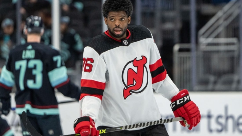 Apr 16, 2022; Seattle, Washington, USA; New Jersey Devils defenseman P.K. Subban (76) is pictured before game against the Seattle Kraken at Climate Pledge Arena. Mandatory Credit: Stephen Brashear-USA TODAY Sports