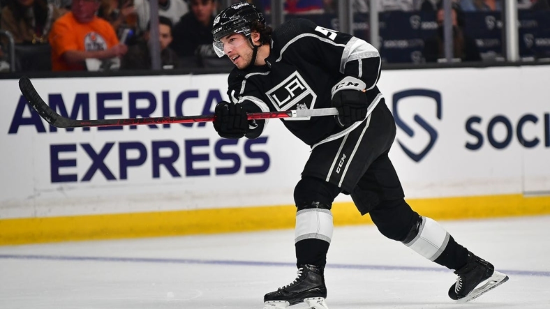 May 8, 2022; Los Angeles, California, USA; Los Angeles Kings defenseman Sean Durzi (50) shoots on goal against the Edmonton Oilers during the second period in game four of the first round of the 2022 Stanley Cup Playoffs at Crypto.com Arena. Mandatory Credit: Gary A. Vasquez-USA TODAY Sports
