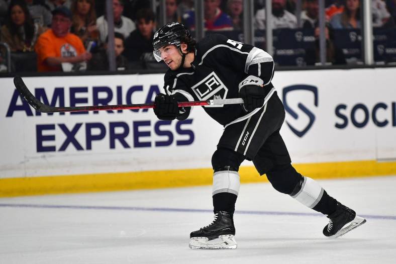 May 8, 2022; Los Angeles, California, USA; Los Angeles Kings defenseman Sean Durzi (50) shoots on goal against the Edmonton Oilers during the second period in game four of the first round of the 2022 Stanley Cup Playoffs at Crypto.com Arena. Mandatory Credit: Gary A. Vasquez-USA TODAY Sports