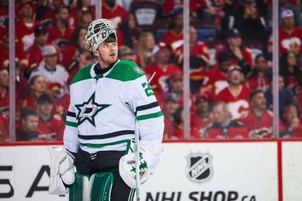 May 15, 2022; Calgary, Alberta, CAN; Dallas Stars goaltender Jake Oettinger (29) looks on during the second period against the Calgary Flames in game seven of the first round of the 2022 Stanley Cup Playoffs at Scotiabank Saddledome. Mandatory Credit: Sergei Belski-USA TODAY Sports