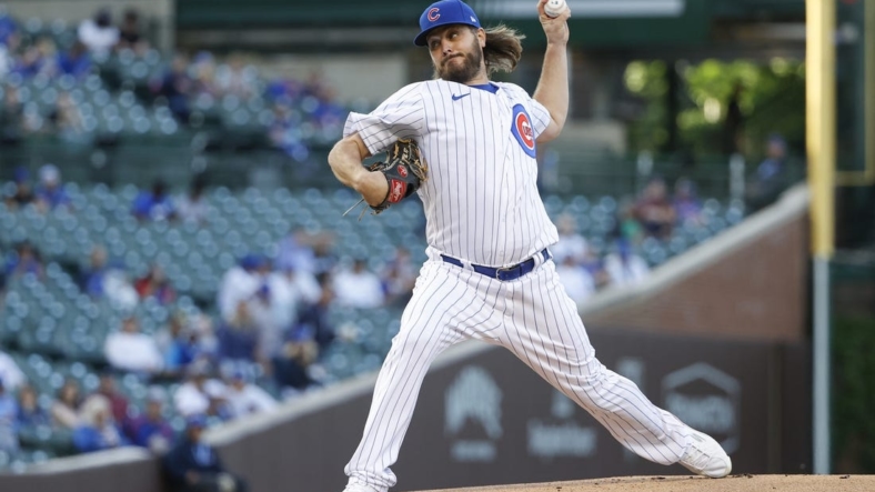 May 16, 2022; Chicago, Illinois, USA; Chicago Cubs starting pitcher Wade Miley (20) delivers against the Pittsburgh Pirates during the first inning at Wrigley Field. Mandatory Credit: Kamil Krzaczynski-USA TODAY Sports
