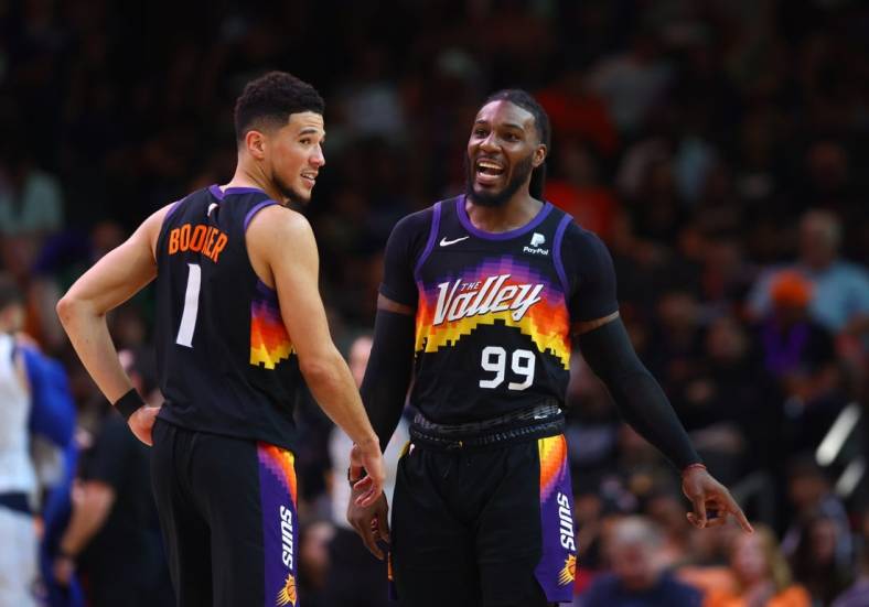 May 15, 2022; Phoenix, Arizona, USA; Phoenix Suns guard Devin Booker (1) and Jae Crowder (99) against the Dallas Mavericks in game seven of the second round for the 2022 NBA playoffs at Footprint Center. Mandatory Credit: Mark J. Rebilas-USA TODAY Sports