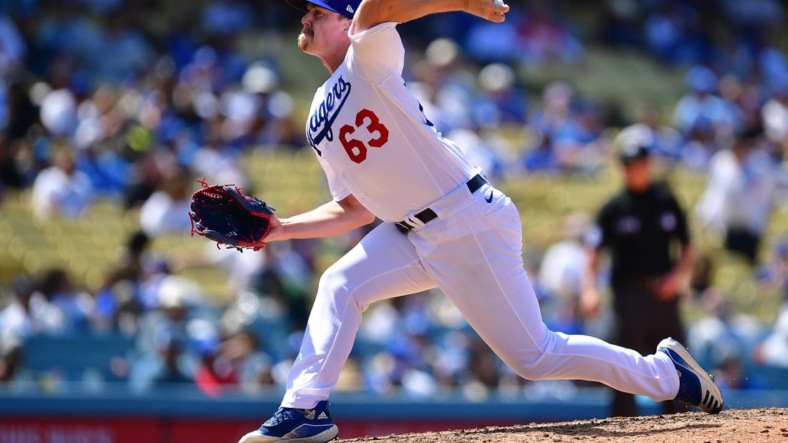 May 18, 2022; Los Angeles, California, USA; Los Angeles Dodgers relief pitcher Justin Bruihl (63) throws against the Arizona Diamondbacks during the sixth inning at Dodger Stadium. Mandatory Credit: Gary A. Vasquez-USA TODAY Sports