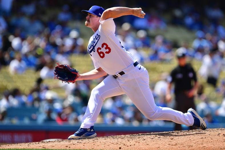 May 18, 2022; Los Angeles, California, USA; Los Angeles Dodgers relief pitcher Justin Bruihl (63) throws against the Arizona Diamondbacks during the sixth inning at Dodger Stadium. Mandatory Credit: Gary A. Vasquez-USA TODAY Sports