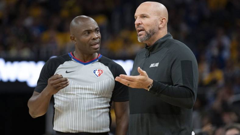 May 18, 2022; San Francisco, California, USA; Dallas Mavericks head coach Jason Kidd (right) argues with NBA referee Courtney Kirkland (left) against the Golden State Warriors during the fourth quarter in game one of the 2022 western conference finals at Chase Center. Mandatory Credit: Kyle Terada-USA TODAY Sports