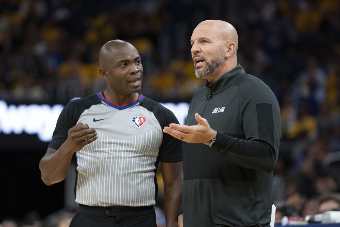 May 18, 2022; San Francisco, California, USA; Dallas Mavericks head coach Jason Kidd (right) argues with NBA referee Courtney Kirkland (left) against the Golden State Warriors during the fourth quarter in game one of the 2022 western conference finals at Chase Center. Mandatory Credit: Kyle Terada-USA TODAY Sports
