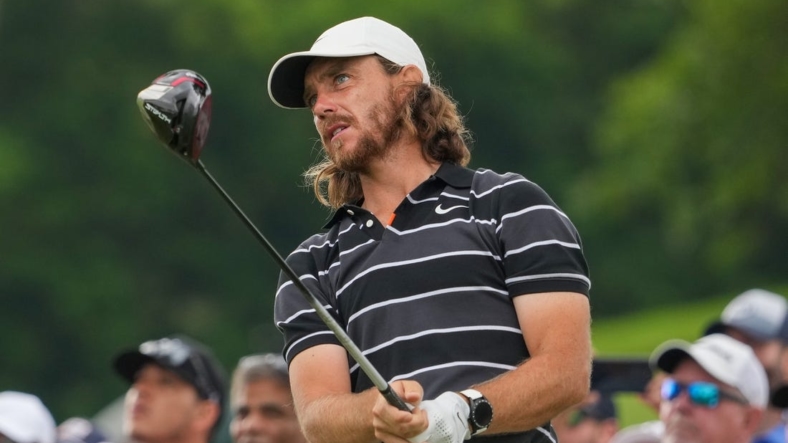 May 20, 2022; Tulsa, OK, USA; Tommy Fleetwood plays his shot from the 13th tee during the second round of the PGA Championship golf tournament at Southern Hills Country Club. Mandatory Credit: Michael Madrid-USA TODAY Sports