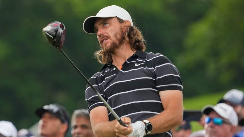 May 20, 2022; Tulsa, OK, USA; Tommy Fleetwood plays his shot from the 13th tee during the second round of the PGA Championship golf tournament at Southern Hills Country Club. Mandatory Credit: Michael Madrid-USA TODAY Sports