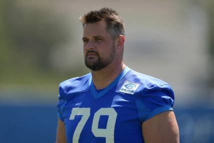 May 23, 2022; Thousand Oaks, CA, USA; Los Angeles Rams tackle Rob Havenstein (79) during organized team activities at California Lutheran University. Mandatory Credit: Kirby Lee-USA TODAY Sports