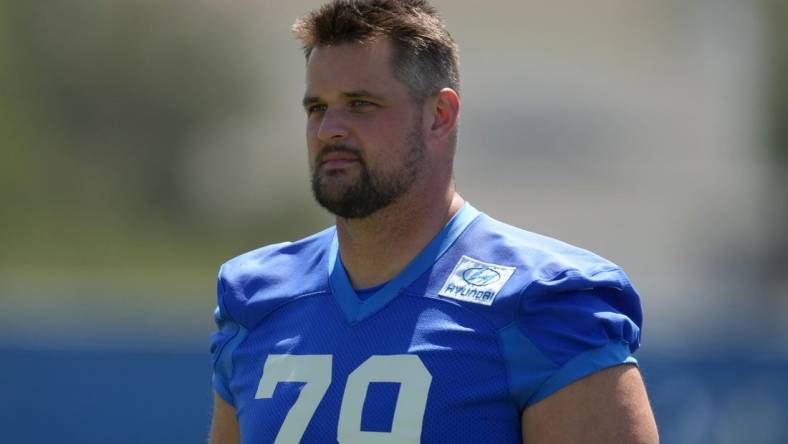 May 23, 2022; Thousand Oaks, CA, USA; Los Angeles Rams tackle Rob Havenstein (79) during organized team activities at California Lutheran University. Mandatory Credit: Kirby Lee-USA TODAY Sports