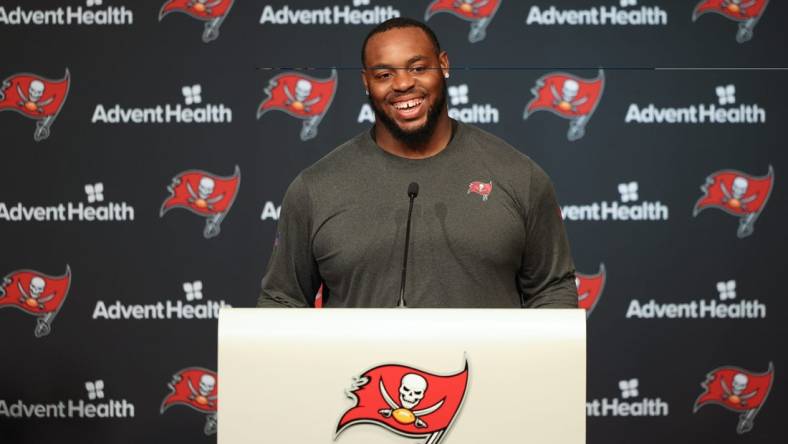 May 25, 2022; Tampa, FL, USA;  Tampa Bay Buccaneers guard Shaq Mason (69) gives a press conference following organized team activities at AdventHealth Training Center Mandatory Credit: Nathan Ray Seebeck-USA TODAY Sports