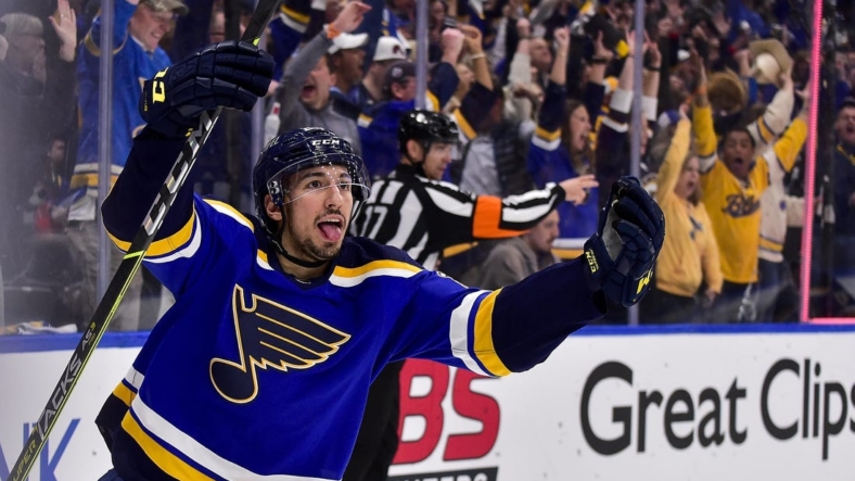 May 27, 2022; St. Louis, Missouri, USA; St. Louis Blues center Jordan Kyrou (25) reacts after scoring a goal against the Colorado Avalanche during the second period in game six of the second round of the 2022 Stanley Cup Playoffs at Enterprise Center. Mandatory Credit: Jeff Curry-USA TODAY Sports