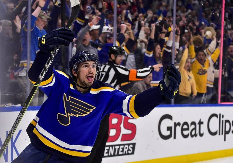 May 27, 2022; St. Louis, Missouri, USA; St. Louis Blues center Jordan Kyrou (25) reacts after scoring a goal against the Colorado Avalanche during the second period in game six of the second round of the 2022 Stanley Cup Playoffs at Enterprise Center. Mandatory Credit: Jeff Curry-USA TODAY Sports
