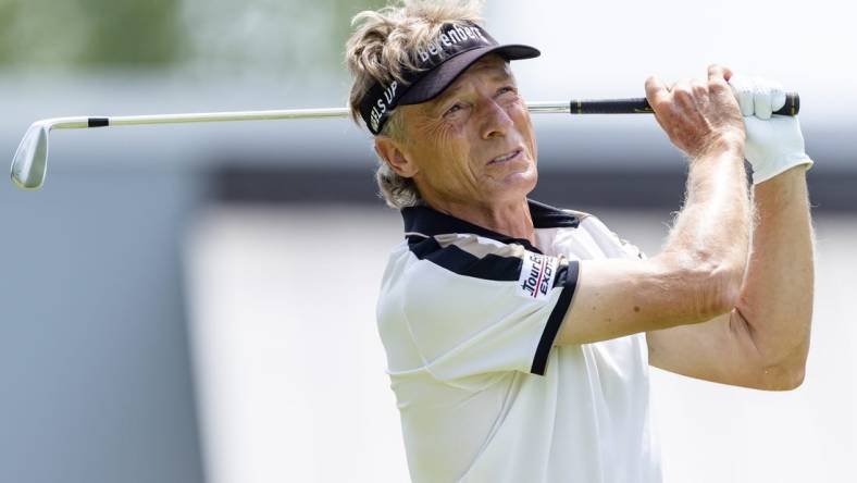 May 29, 2022; Benton Harbor, Michigan, USA; Bernhard Langer tees off on the second hole during the final round of the 2022 KitchenAid Senior PGA Championship at Harbor Shores. Mandatory Credit: Raj Mehta-USA TODAY Sports