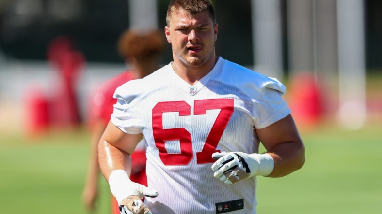 May 31, 2022; Tampa, FL, USA;  Tampa Bay Buccaneers guard Luke Goedeke (67) participates in organized team activities at AdventHealth Training Center Mandatory Credit: Nathan Ray Seebeck-USA TODAY Sports