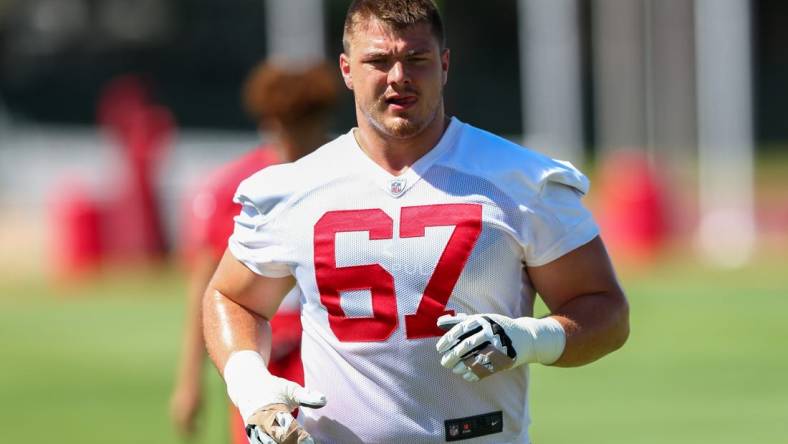 May 31, 2022; Tampa, FL, USA;  Tampa Bay Buccaneers guard Luke Goedeke (67) participates in organized team activities at AdventHealth Training Center Mandatory Credit: Nathan Ray Seebeck-USA TODAY Sports