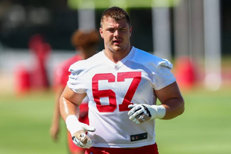 May 31, 2022; Tampa, FL, USA;  Tampa Bay Buccaneers guard Luke Goedeke (67) participates in organized team activities at AdventHealth Training Center Mandatory Credit: Nathan Ray Seebeck-USA TODAY Sports