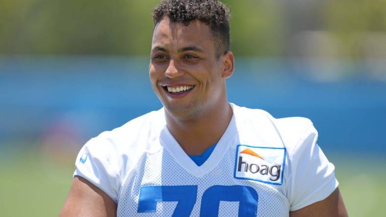 Jun 1, 2022; Costa Mesa, CA, USA; Los Angeles Chargers tackle Rashawn Slater (70) during organized team activities at Hoag Performance Center. Mandatory Credit: Kirby Lee-USA TODAY Sports