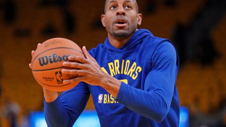 Jun 2, 2022; San Francisco, California, USA; Golden State Warriors forward Andre Iguodala (9) warms up before game one of the 2022 NBA Finals against the Boston Celtics at Chase Center. Mandatory Credit: Cary Edmondson-USA TODAY Sports