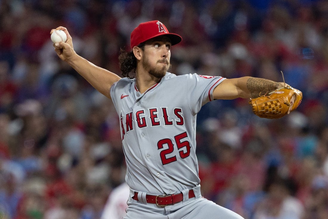 Jun 4, 2022; Philadelphia, Pennsylvania, USA; Los Angeles Angels pitcher Michael Lorenzen (25) throws a pitch during the fourth inning against the Philadelphia Phillies at Citizens Bank Park. Mandatory Credit: Bill Streicher-USA TODAY Sports