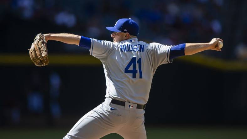 Apr 27, 2022; Phoenix, Arizona, USA; Los Angeles Dodgers pitcher Daniel Hudson against the Arizona Diamondbacks at Chase Field. Mandatory Credit: Mark J. Rebilas-USA TODAY Sports