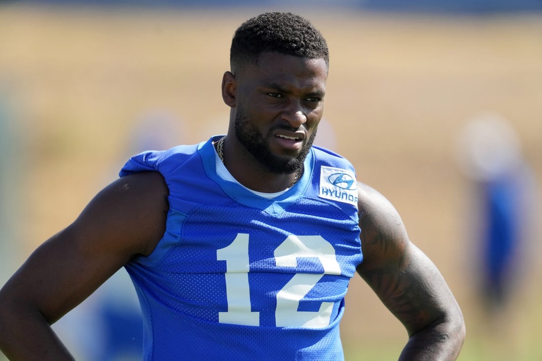 Jun 7, 2022; Thousand Oaks, California, USA; Los Angeles Rams receiver Van Jefferson (12) during minicamp at Cal Lutheran University. Mandatory Credit: Kirby Lee-USA TODAY Sports