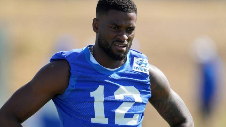 Jun 7, 2022; Thousand Oaks, California, USA; Los Angeles Rams receiver Van Jefferson (12) during minicamp at Cal Lutheran University. Mandatory Credit: Kirby Lee-USA TODAY Sports