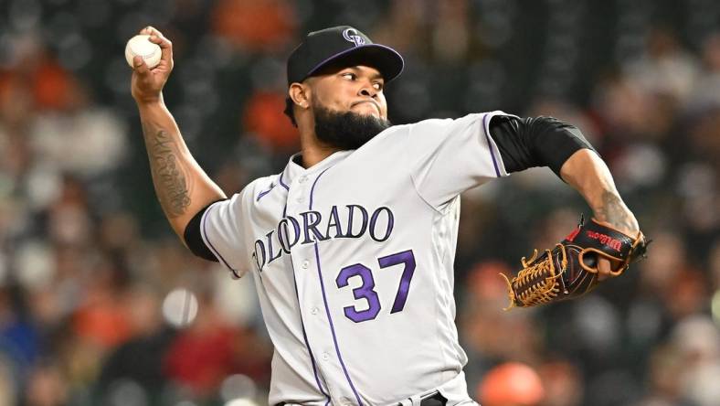 Jun 7, 2022; San Francisco, California, USA; Colorado Rockies relief pitcher Alex Colome (37) throws a pitch against the San Francisco Giants during the eighth inning at Oracle Park. Mandatory Credit: Robert Edwards-USA TODAY Sports