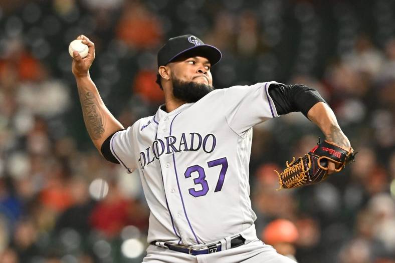 Jun 7, 2022; San Francisco, California, USA; Colorado Rockies relief pitcher Alex Colome (37) throws a pitch against the San Francisco Giants during the eighth inning at Oracle Park. Mandatory Credit: Robert Edwards-USA TODAY Sports